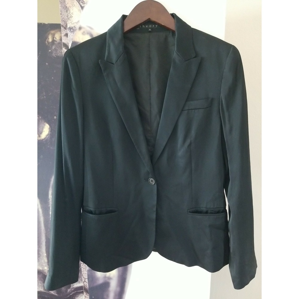 Theory Women's Black Satin Rayon Blend Single Breasted 1 Button Blazer Size 10
